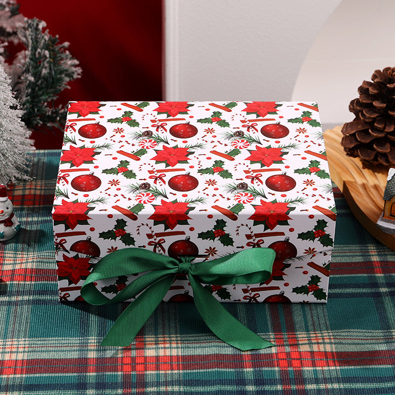 Large white magnetic Christmas gift box with ribbon, 29 by 22 by 10.5 cm