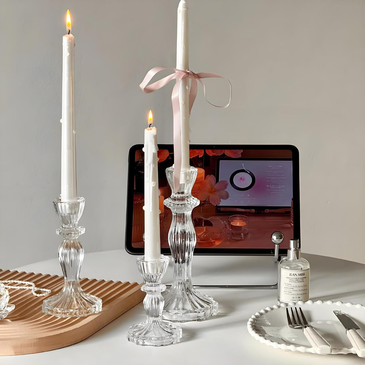 Ribbed clear glass candle holder in a table setting